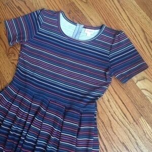 Lularoe Blue & Orange Amelia Fit/Flare Striped Skater Dress Side Pockets - L